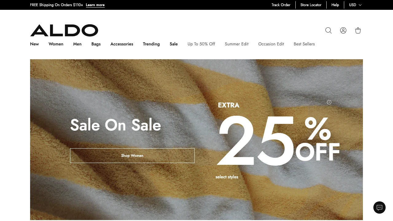 Screenshot of ALDO website