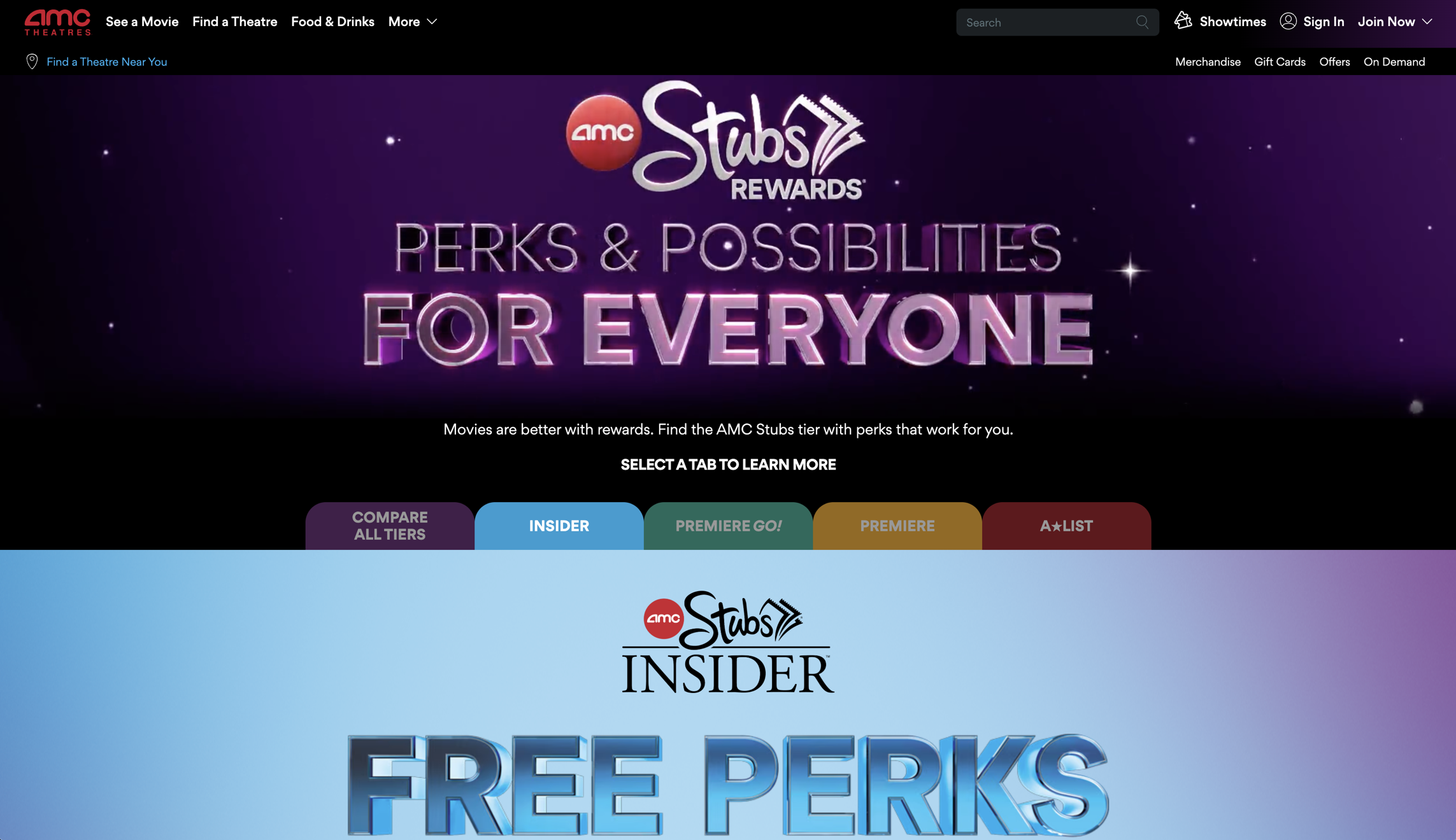 Screenshot of AMC Theatres website