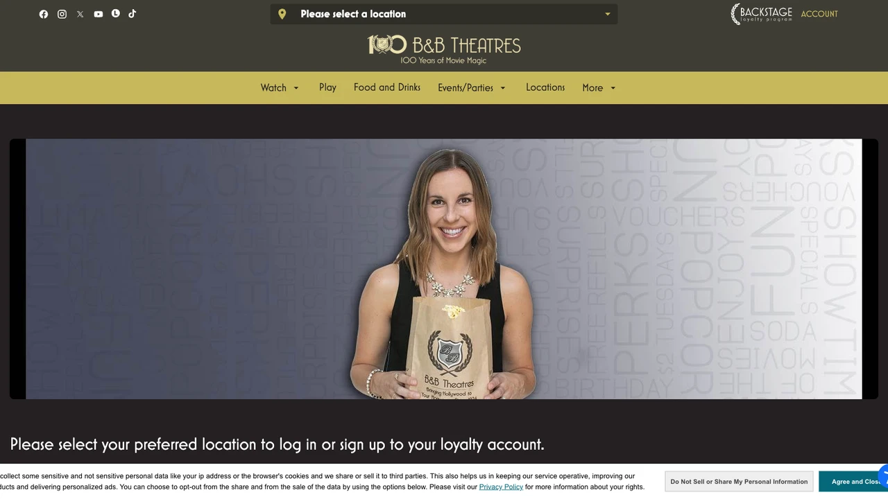 Screenshot of B&B Theatres website