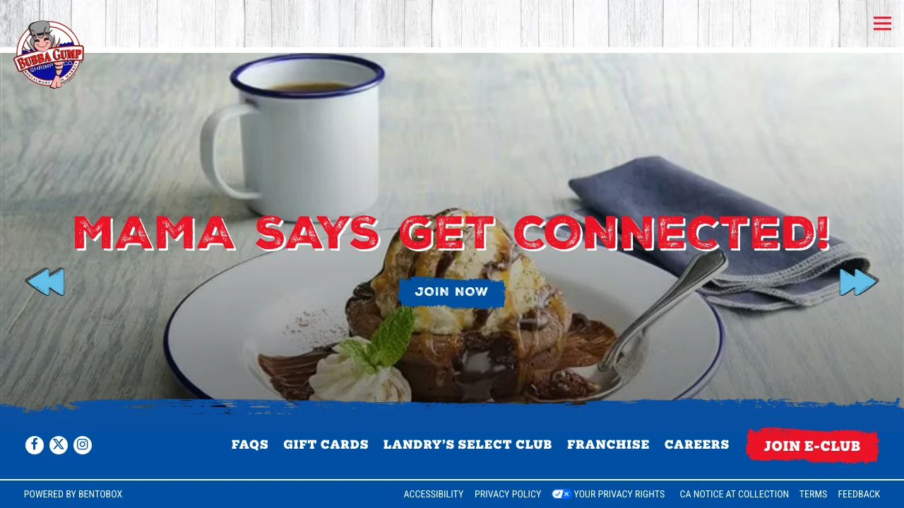Screenshot of Bubba Gump Shrimp Co. website