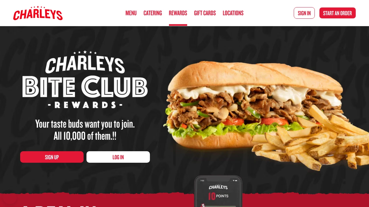 Screenshot of Charleys Cheesesteaks website