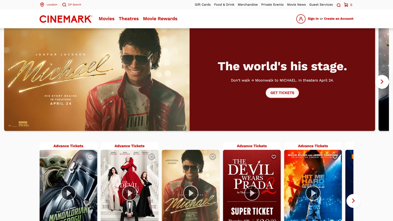 Screenshot of Cinemark website