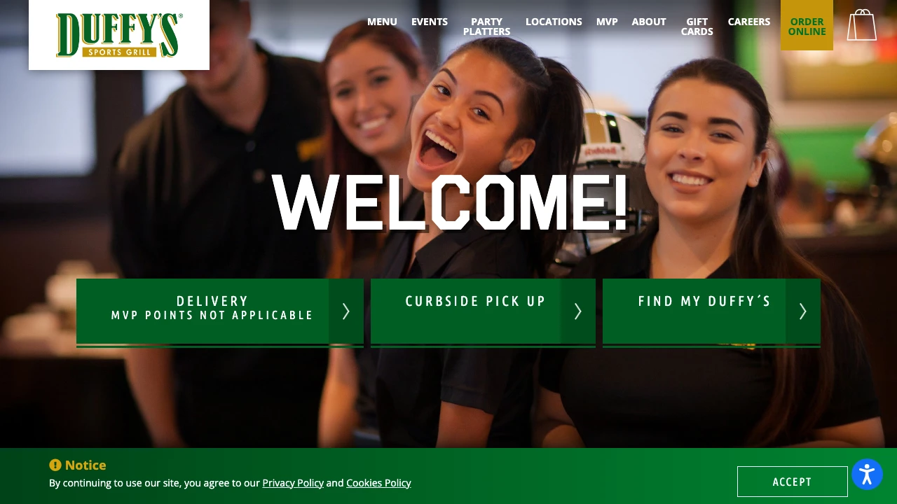 Screenshot of Duffy's Sports Grill website
