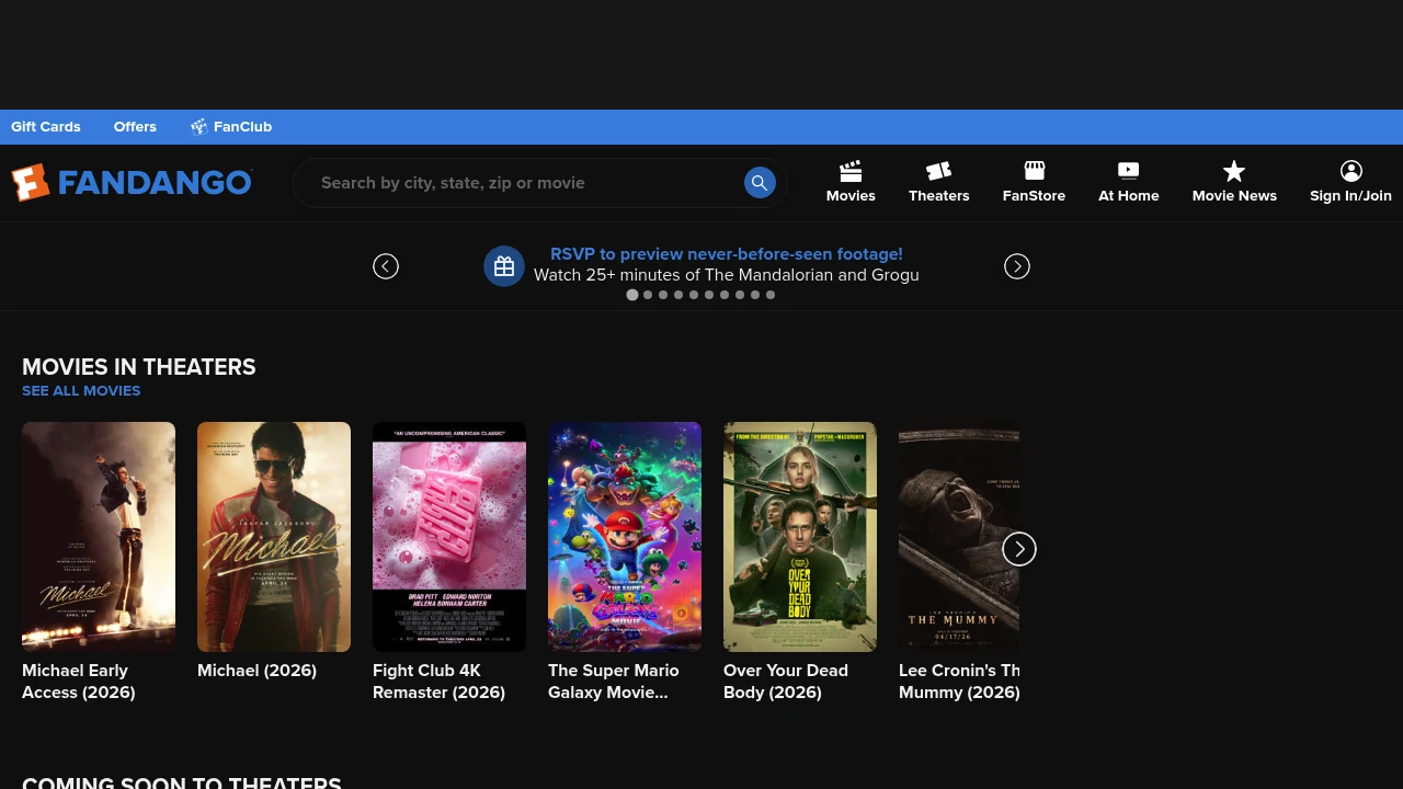 Screenshot of Fandango website