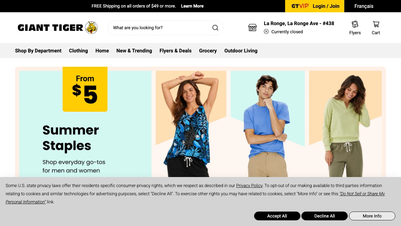 Screenshot of Giant Tiger website