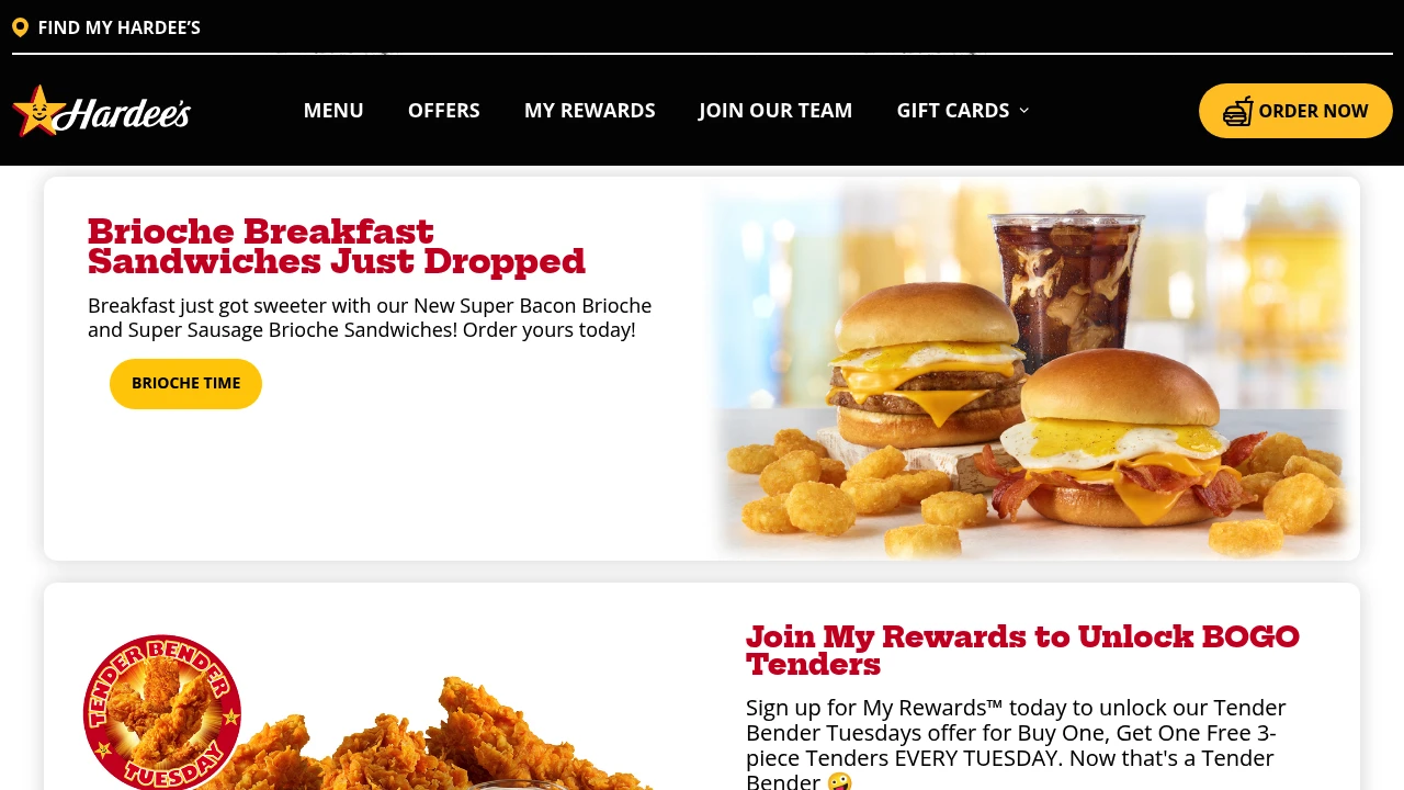 Screenshot of Hardee's website