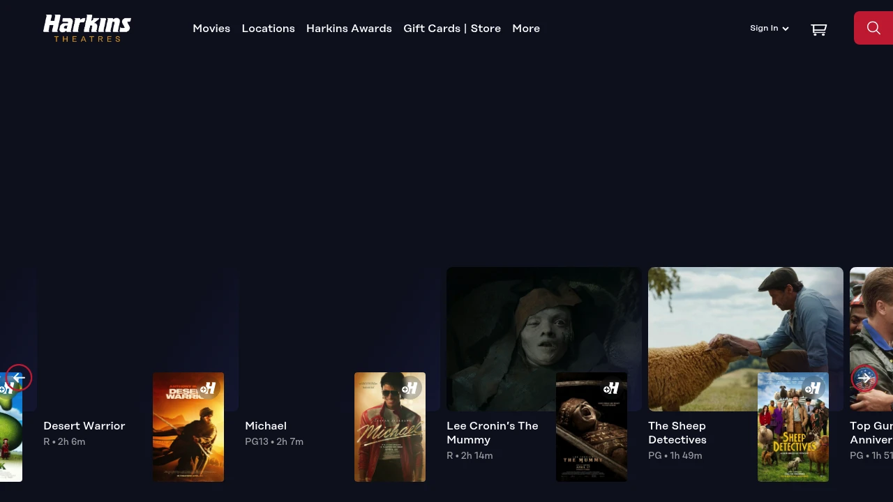 Screenshot of Harkins Theatres website