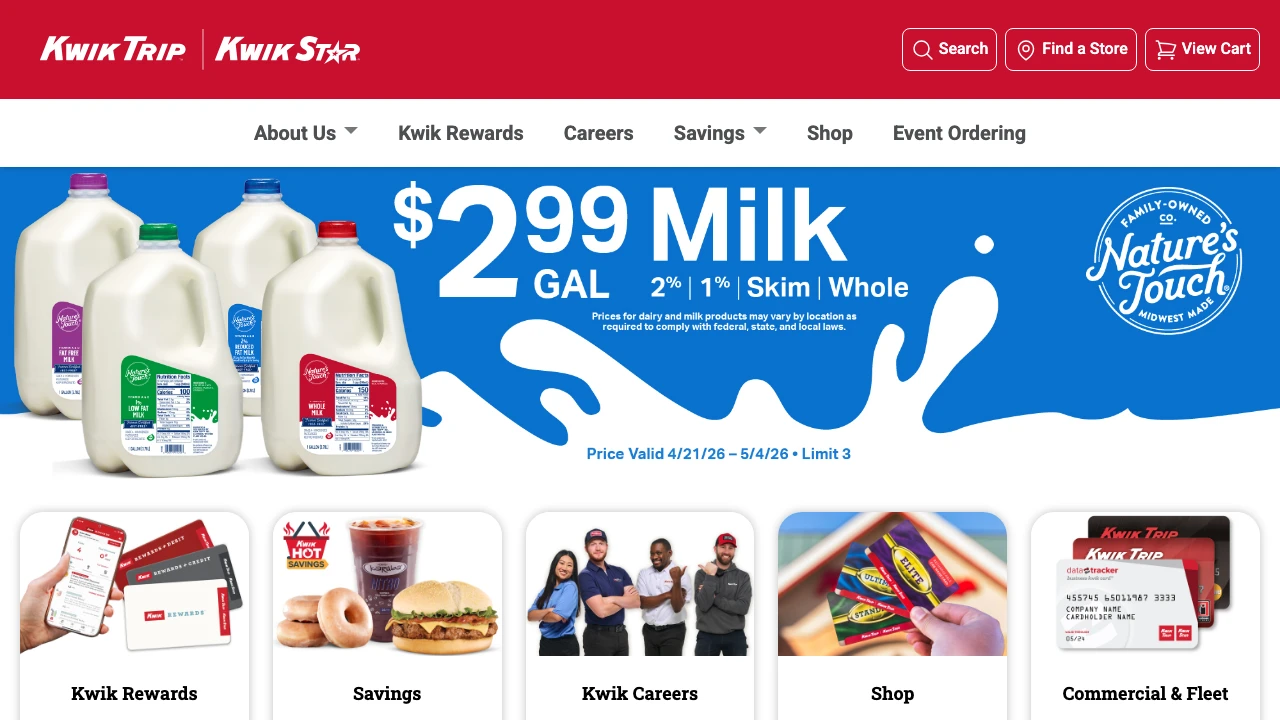 Screenshot of Kwik Trip website