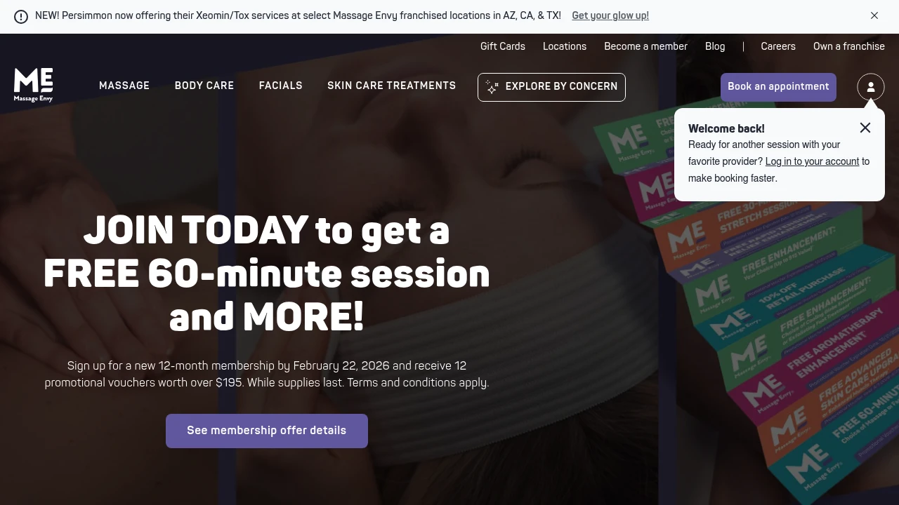 Screenshot of Massage Envy website