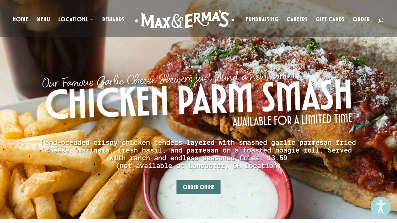 Screenshot of Max & Erma's website