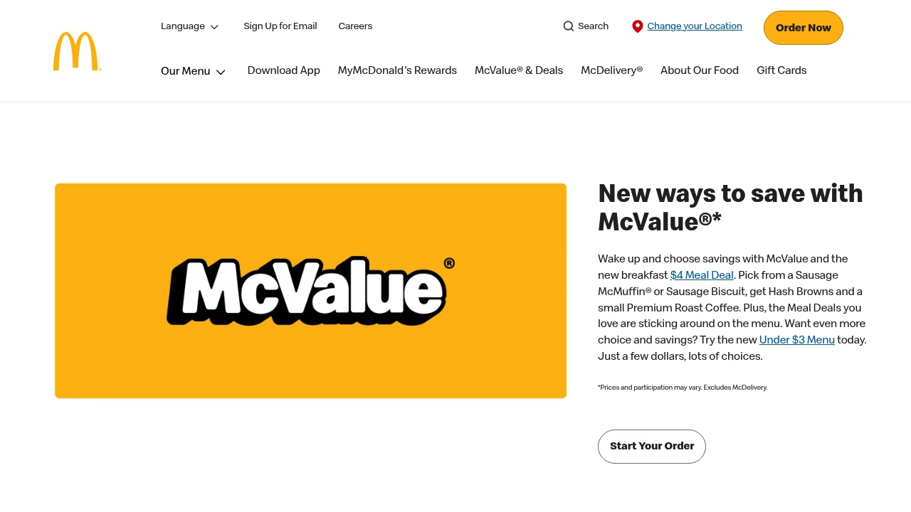 Screenshot of McDonald's website