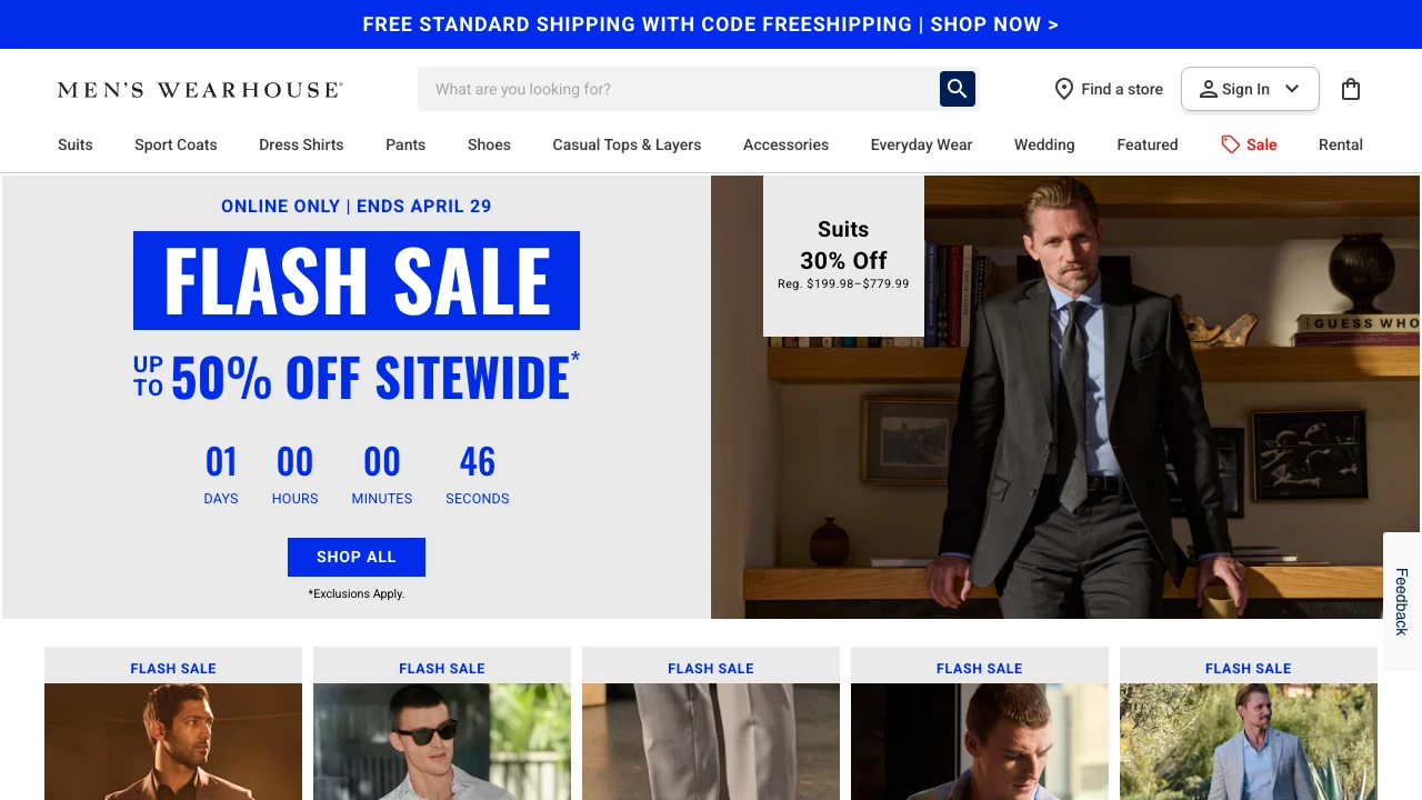 Screenshot of Men's Wearhouse website