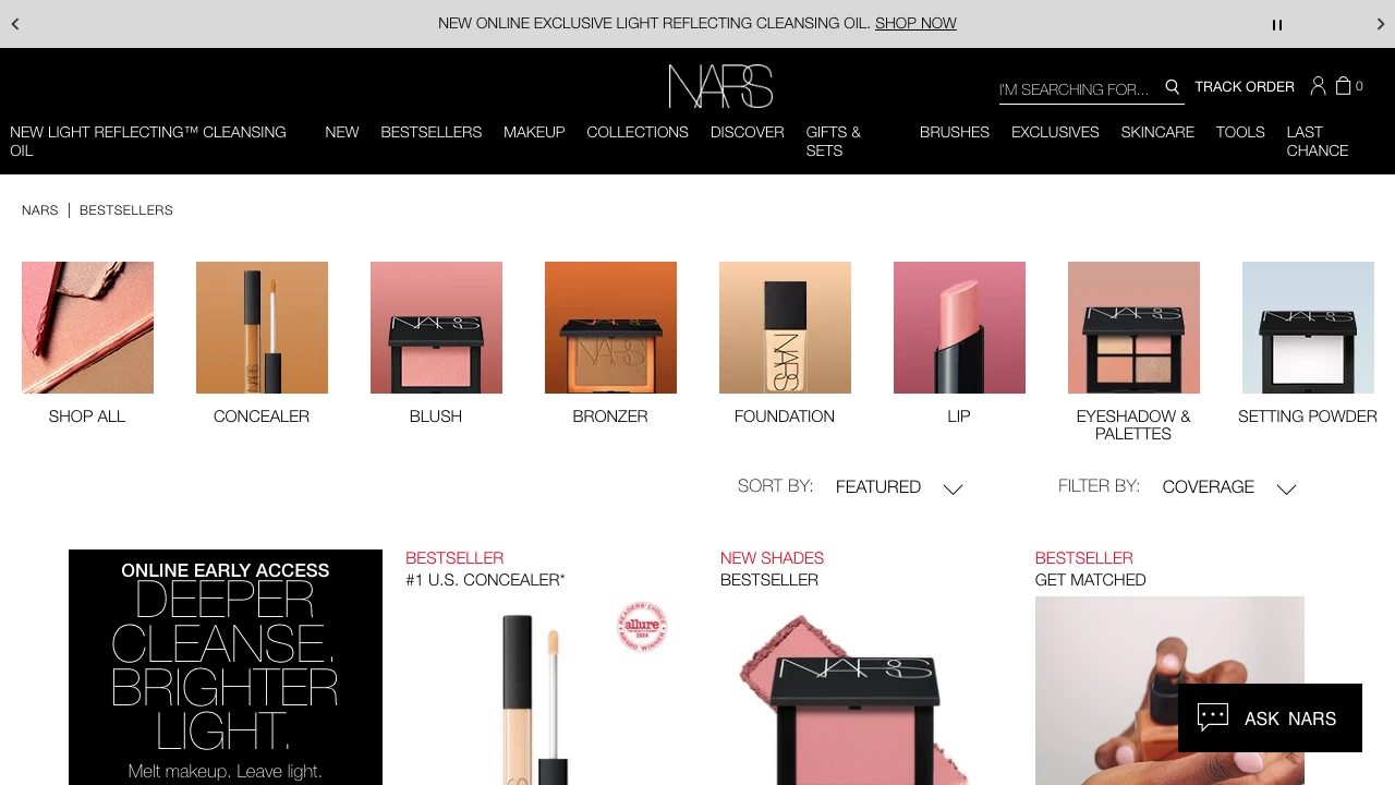 Screenshot of NARS website