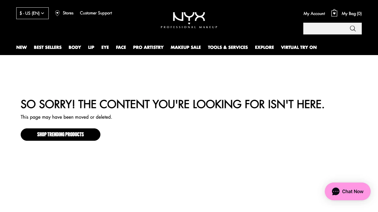 Screenshot of NYX Cosmetics website