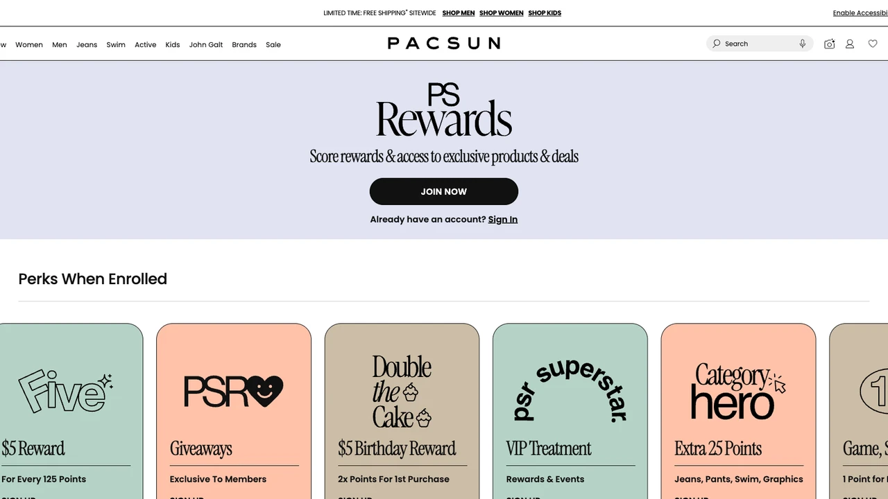 Screenshot of PacSun website