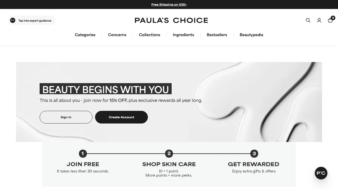 Screenshot of Paula's Choice website