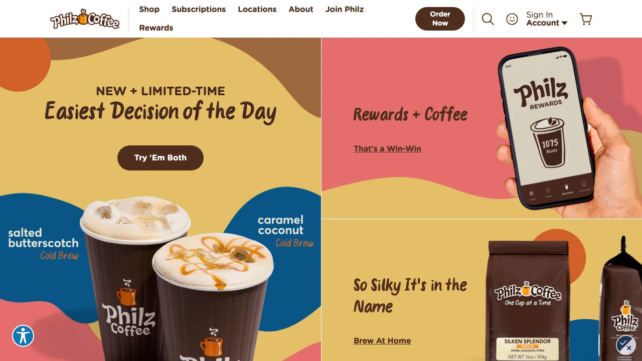 Screenshot of Philz Coffee website