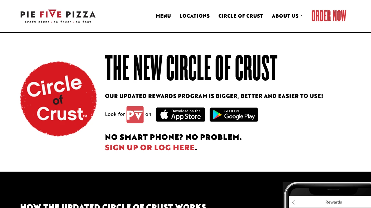 Screenshot of Pie Five Pizza website
