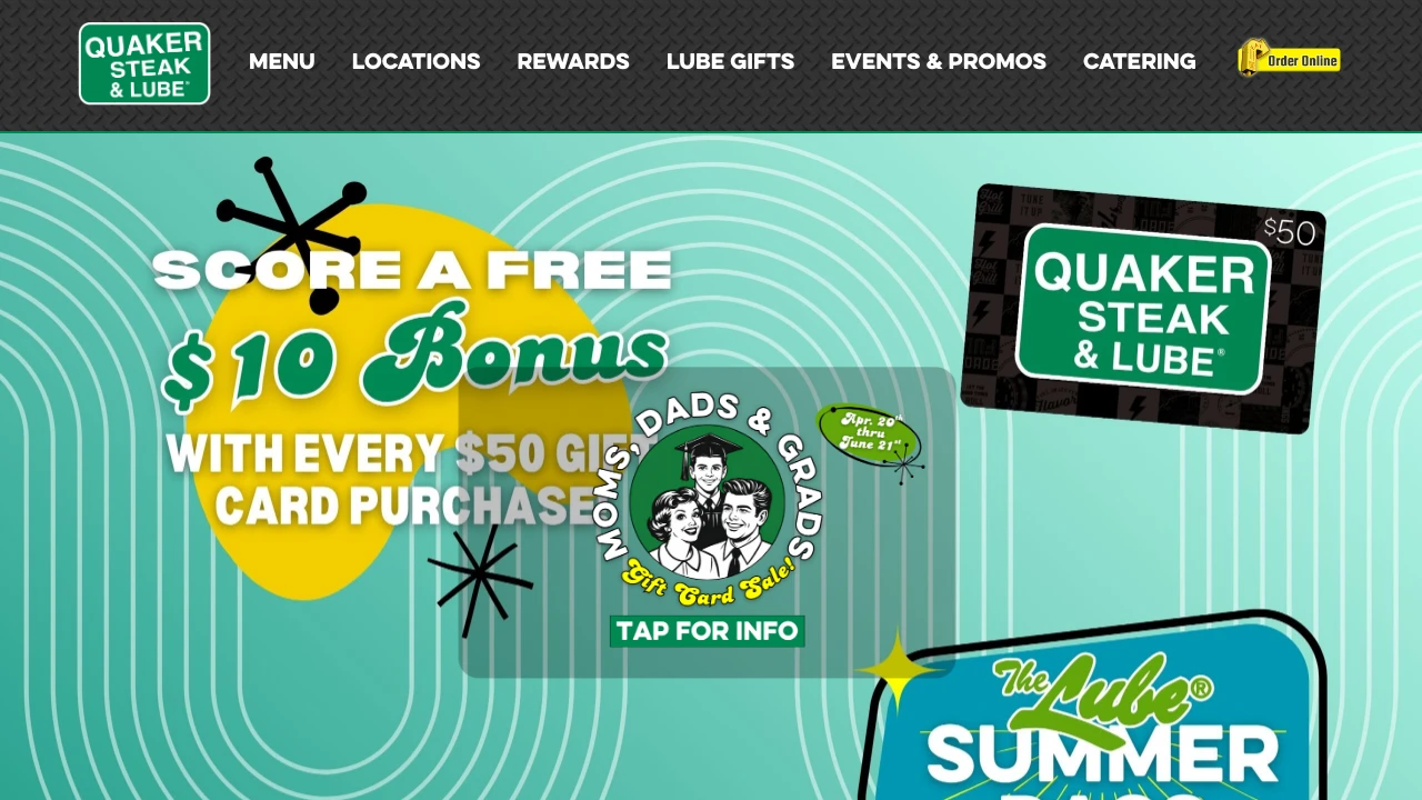 Screenshot of Quaker Steak & Lube website