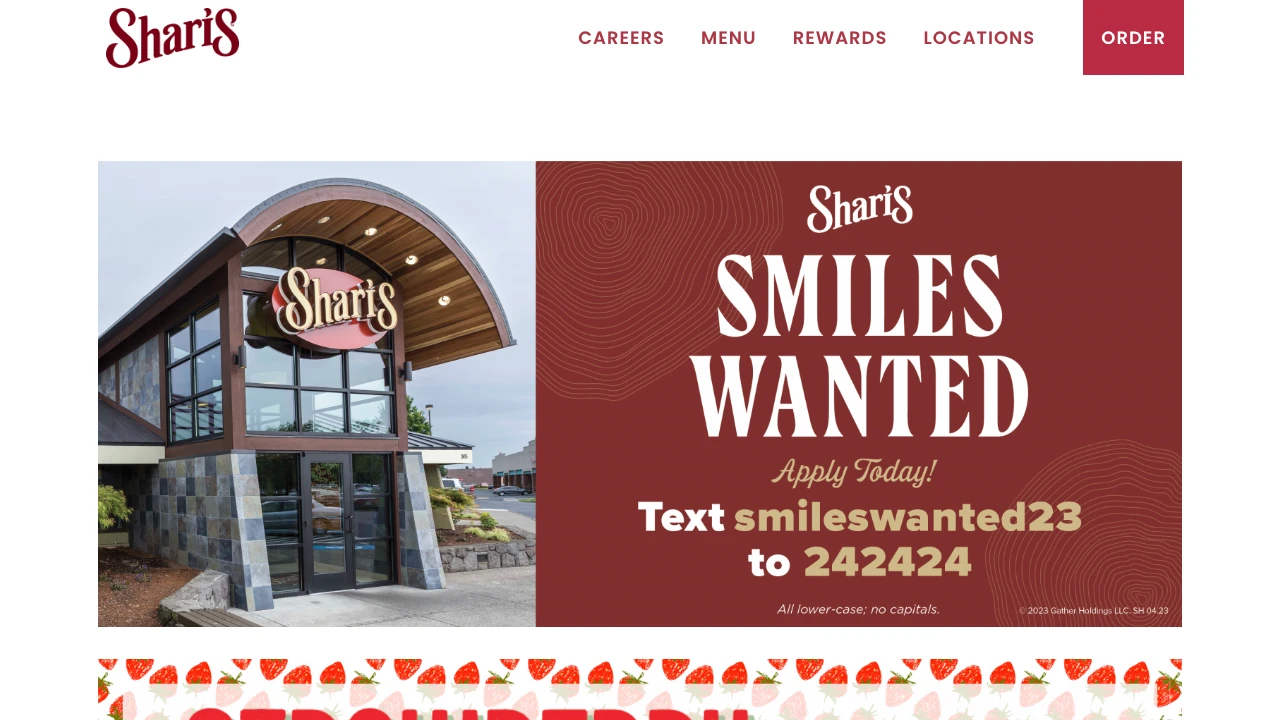 Screenshot of Shari's Cafe & Pies website