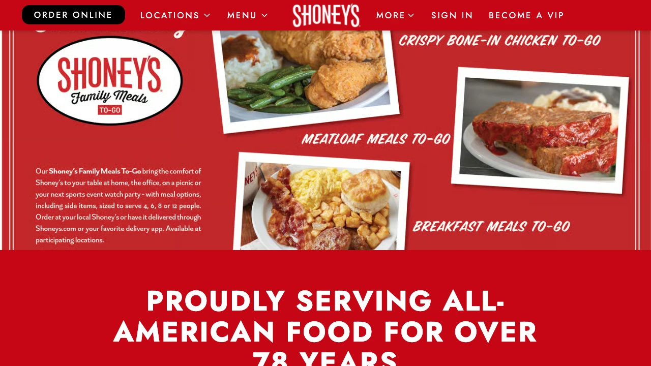 Screenshot of Shoney's website