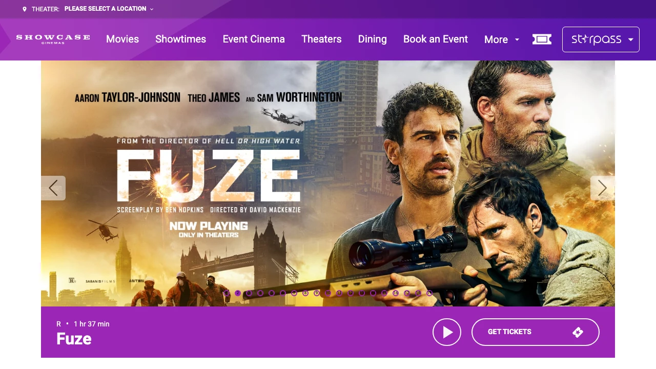 Screenshot of Showcase Cinemas website