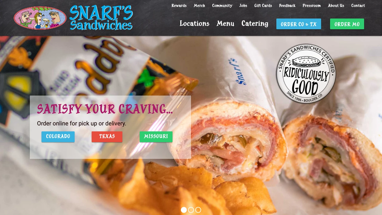 Screenshot of Snarf's Sandwiches website