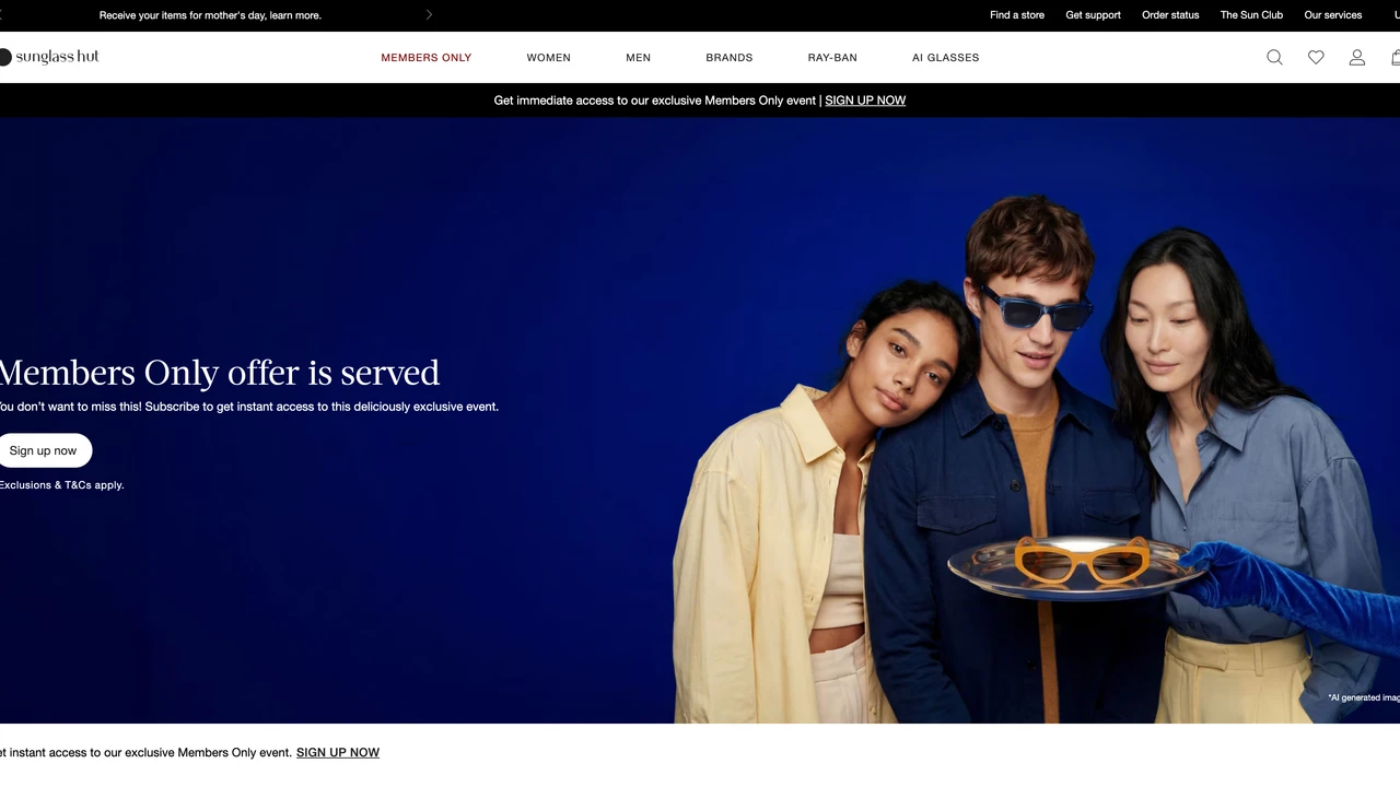 Screenshot of Sunglass Hut website