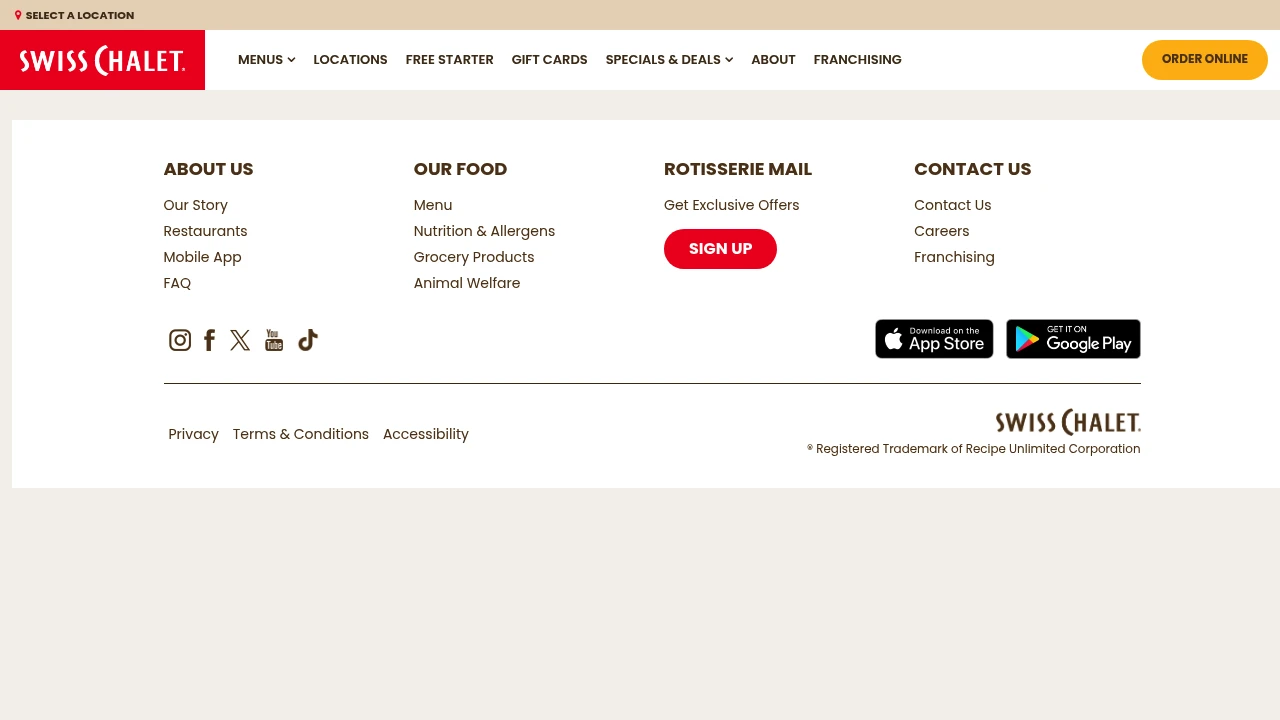 Screenshot of Swiss Chalet website