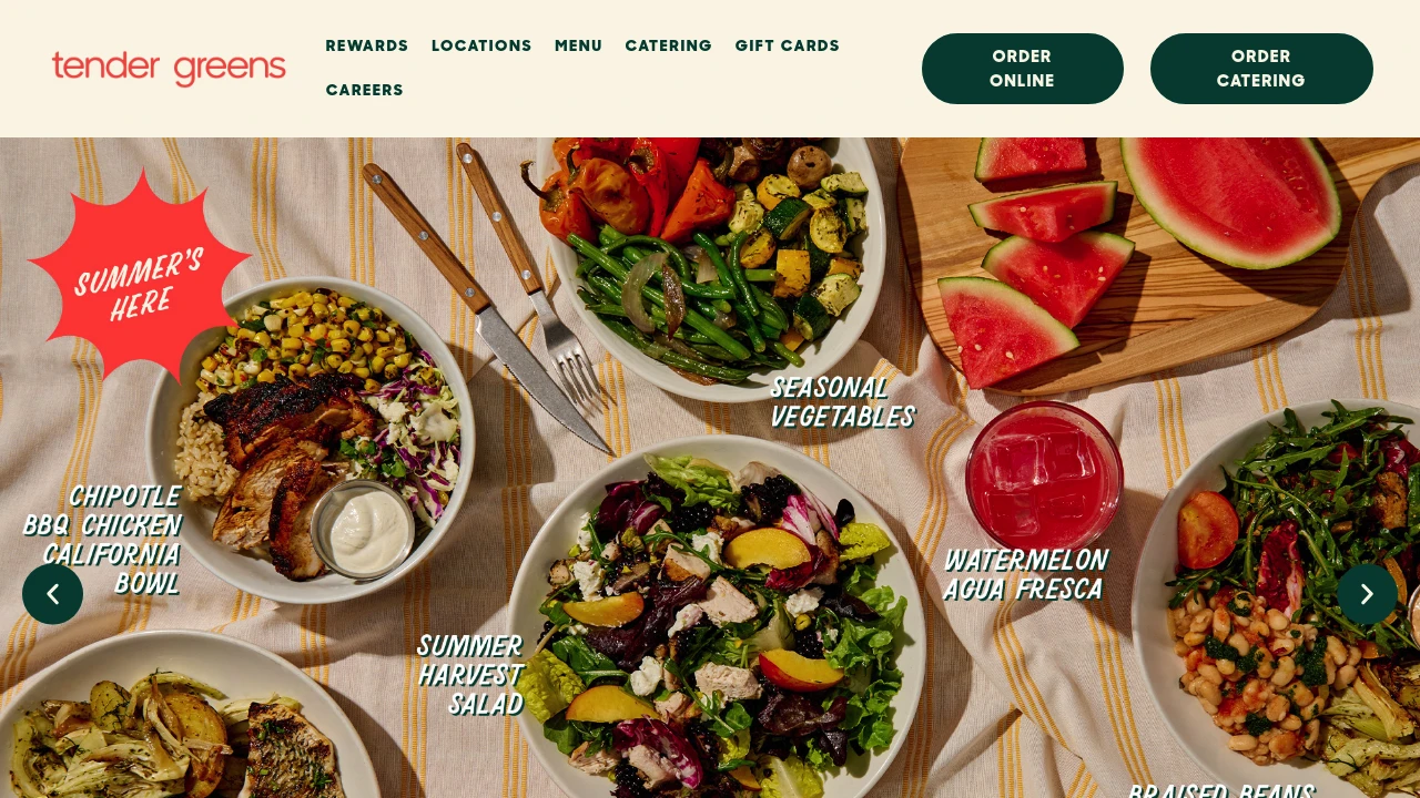 Screenshot of Tender Greens website