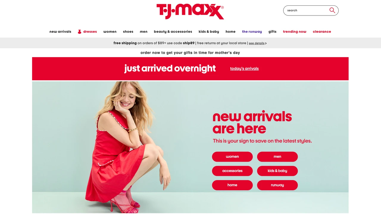 Screenshot of TJ Maxx website