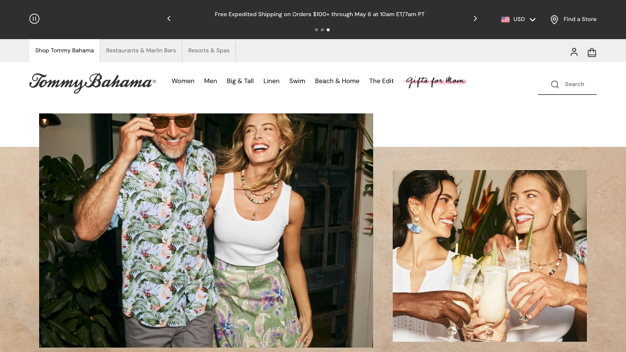 Screenshot of Tommy Bahama website