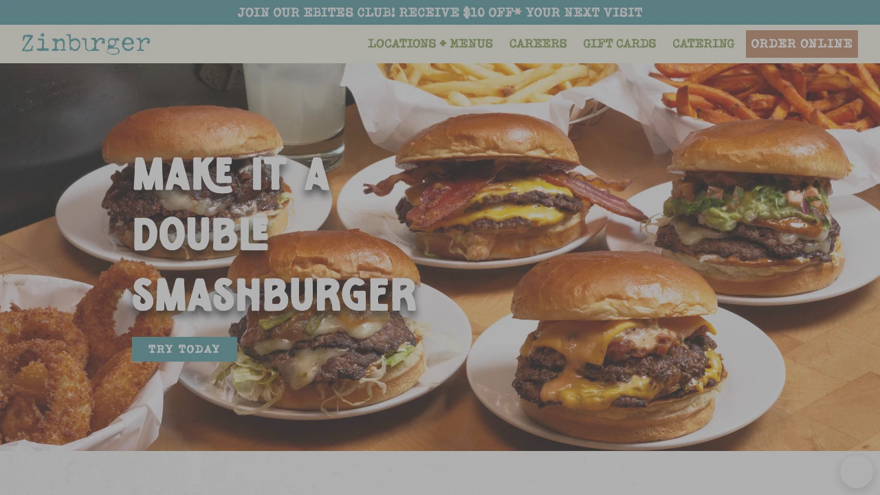Screenshot of Zinburger Wine & Burger Bar website