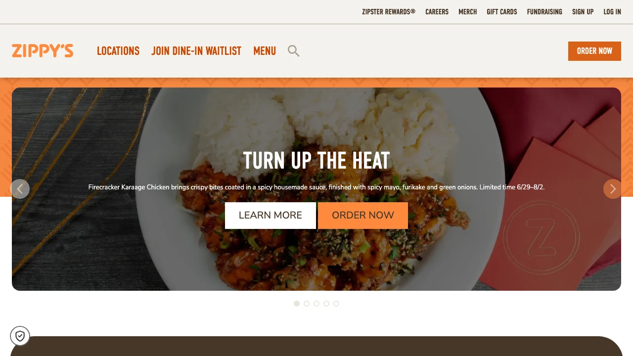 Screenshot of Zippy's website